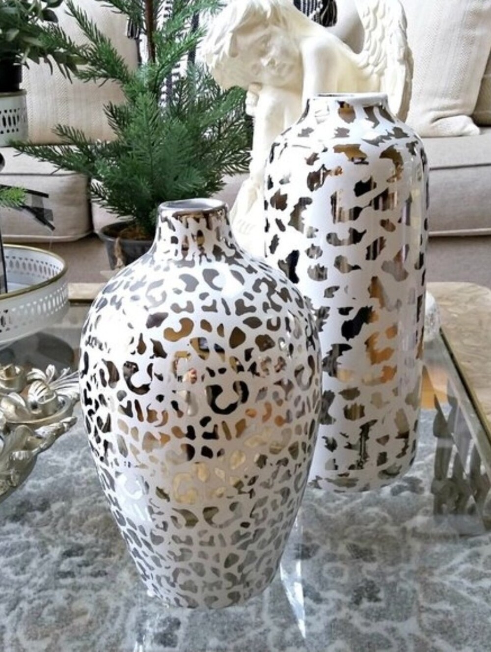 White and Silver Decorative Ceramic Vase Set Of 2 Elegant Home Accent